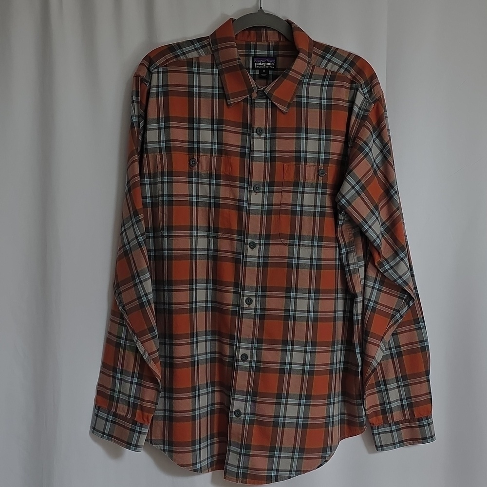 Patagonia Orange & Green Plaid Mens Cotton Shirt. Size Medium